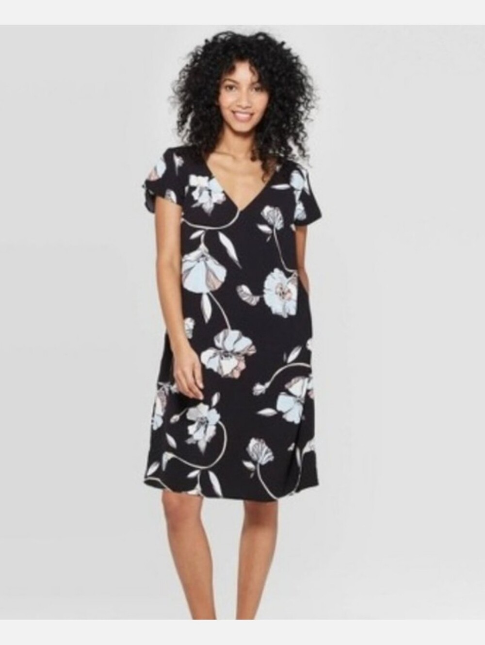 A New Day Black Floral V-Neck Shift Dress w/ Pockets Size Large